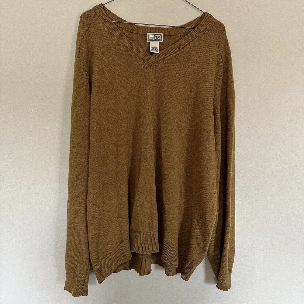 L.L.Bean Brown 100% Lambs Wool Sweater Size XXL V-neck